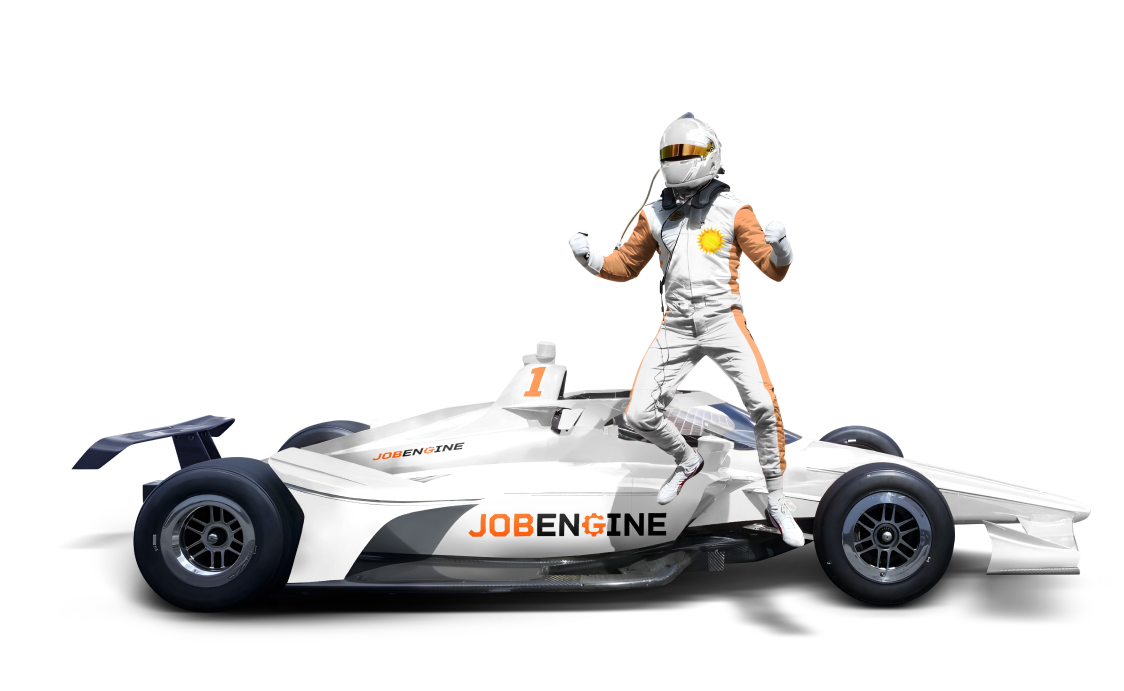 Racecar driver in its driving suit jumping in front of a Formula 1 car with JobEngine logo